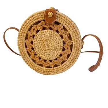 Imagem de Bolsa de palha redonda para mulheres, bolsa de vime tecida à mão com fivela marrom, bolsa transversal de vime, bolsa de tecido elegante para praia, férias e uso diário