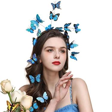 Imagem de Gionforsy Tiara borboleta Fascinator borboleta monarca borboleta coroa chá festa fantasia fantasia Halloween tiara tiara (A-azul)