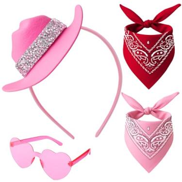 Imagem de ZhouBoat Chapéu de vaqueira rosa, mini chapéu de caubói, acessórios de cowboy com óculos de coração, bandanas para festas temáticas de cosplay