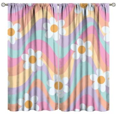 Imagem de Cortinas de flores arco-íris anos 70 boho retrô hippie meados do século groovy floral blackout cortinas de janela para quarto sala de estar cozinha café decoração (L53 x C 114 cm) x 2 decoração