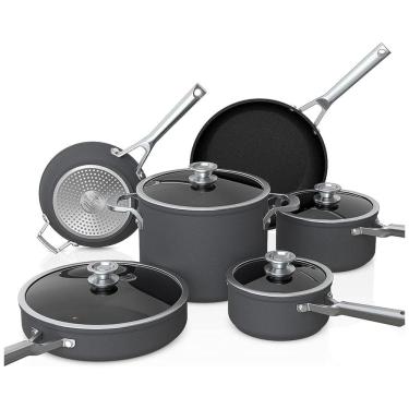 Imagem de Conjunto de Panelas e Frigideiras Antiaderentes Anodizadas com Tampas de Vidro, 10 Peças, NINJA C59500, Preto
