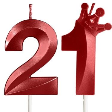 Imagem de Velas de aniversário de 21 anos para bolo, número 21 velas vermelhas coroa, design 3D, enfeite de bolo de aniversário para meninos e meninas, festa de aniversário, casamento, celebração, suprimentos