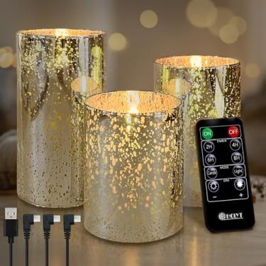 Imagem de LEDHOLYT Vela recarregável sem chama, vela falsa de vidro LED cintilante com controle remoto e temporizador, bateria incorporada, vela eletrônica de cera real para decoração de quarto, conjunto de 3