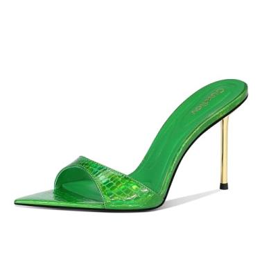 Imagem de Ouwilov Mules de salto alto para mulheres, bico fino, design sem cadarço com salto agulha de metal de 9 cm e palmilha acolchoada macia em ouro iridescente para festas ou encontros noturnos, Verde, 40