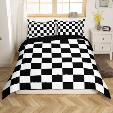 Imagem de Feelyou Jogo de cama xadrez retrô para adolescentes, mulheres, homens, preto, branco, xadrez, tamanho solteiro, geométrico, vintage, moderno, simples, decoração de quarto