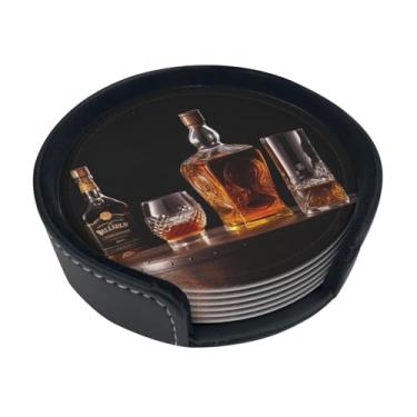 Imagem de Whisky Beer Pictures Porta-copos de couro para bebidas, conjunto de 6 porta-copos para bebidas, conjunto de 6 porta-copos com suporte resistente ao calor para proteção de mesa, porta-copos de xícara