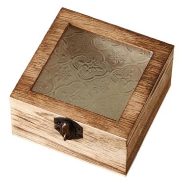 Imagem de Generic Caixa de armazenamento de madeira, organizador, presentes decorativos com tampa de vidro, caixa de presente, ornamento para sala de estar, entrada, Quadrado Castanho Claro