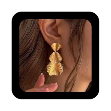 Imagem de Erimberate Brincos pendentes de folha de ginkgo boêmio dourado texturizado brinco de gota grande de metal ginkgo brincos de declaração de folhas brincos para mulheres, Zinco, Sem pedra preciosa