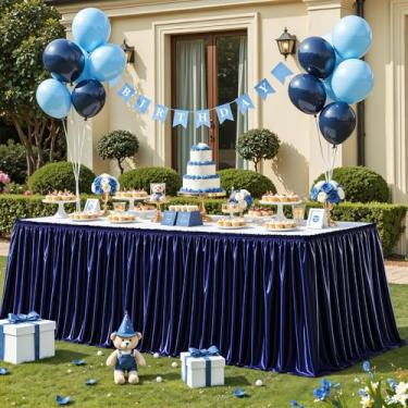 Imagem de Wish Care Saia de mesa de cetim azul marinho de 4,3 m para mesas retangulares, sem rugas, com glitter, toalha de mesa plissada, para casamento, aniversário, chá de bebê, festa, banquete, buffet, bolo