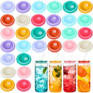 Imagem de Remerry 30 peças de tampas de acrílico para copos de vidro de 473 ml, 590 ml, tampa de frascos de vidro com orifício para canudos e anel de silicone, tampas de copos de vidro reutilizáveis, tampas de