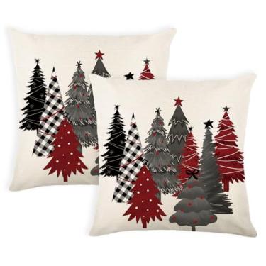 Imagem de Conjunto de 2 capas de almofada decorativas de Natal e inverno 40,6 x 40,6 cm com 2 árvores de Natal vermelhas e pretas aquarela, natureza, floresta, decoração de casa de fazenda, para decoração de