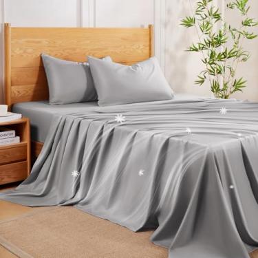 Imagem de MR&HM Conjunto de lençóis California King, lençóis refrescantes de 4 peças, rayon misto derivado de bambu, macio, sedoso e respirável, bolsos profundos de 38 cm com tiras elásticas, hotel luxuoso para