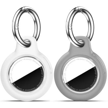 Imagem de Pacote com 2 Airtags de suporte à prova d'água com chaveiro Apple AirTag, capa rígida para PC AirTag, suporte antiarranhões e choques, chaveiros e chaveiros masculinos femininos - branco + cinza