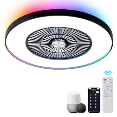 Imagem de HUMHOLD Ventiladores de teto sem lâmina de 61 cm com luzes e controle remoto/aplicativo/voz, ventilador de teto de baixo perfil com luzes RGB, ventilador de teto embutido embutido para quarto/sala de