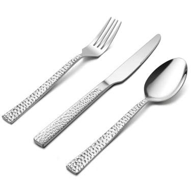Imagem de E-far Conjunto de 36 peças, garfos martelados, colheres e facas, conjunto de talheres para 12, conjunto de talheres quadrados de aço inoxidável para cozinha doméstica, restaurante, espelho polido e