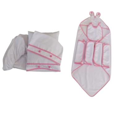 Imagem de Kit Bebê 10 pçs 1 Toalha banho 4 Toalhas boca 1 Babador 1 Lençol 2 Fronhas 1 Travesseiro (Viés Rosa, Bebê)
