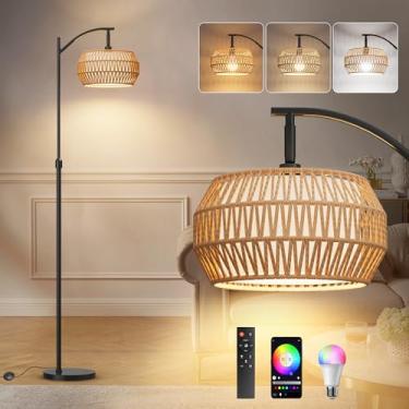 Imagem de Candeeiros de chão Arc para sala de estar com 3 temperaturas de cor, luminária de chão Boho Farmhouse com controle remoto e lâmpada RGB regulável, lâmpada de pé com persianas de vime e tecido, lâmpada