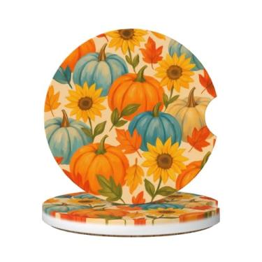 Imagem de Neukim Pacote com 2 porta-copos de carro laranja azul abóbora, porta-copos, 6 cm, folha de girassol amarela, antiderrapante, porta-copos absorvente de cerâmica com base de cortiça e entalhe de dedo