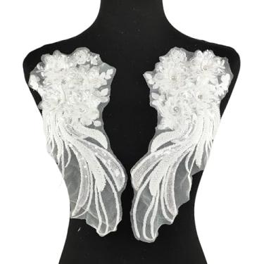 Imagem de YOOGCORETT 1 par de apliques de renda de lantejoulas bordado 3D flor strass acabamento remendo para costura faça você mesmo, artesanato, roupas, vestido de casamento, decoração, branco, 12,5 x 5,5
