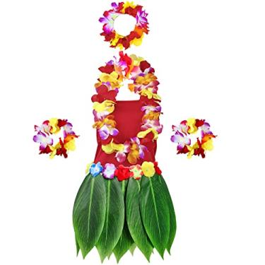 Imagem de 6 peças de fantasia feminina havaiana inclui saia de hula top cropped flor havaiana Leis colar pulseira para cosplay feminino de Halloween