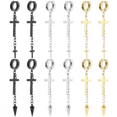 Imagem de NEWITIN 6 pares de brincos magnéticos masculinos de aço inoxidável com clipe e cruz unissex CZ para homens e mulheres, Aço inoxidável, Zircônia cúbica