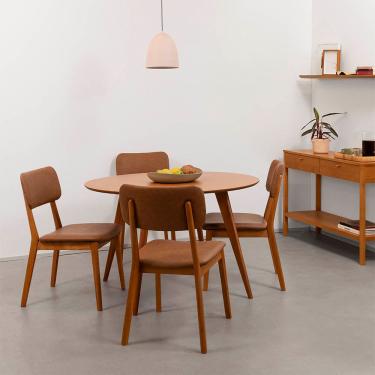 Imagem de Conjunto Mesa de Jantar Square Laminada Redonda Natural - 1,18cm + 4 Cadeiras Lalá Estofada PU - Cognac
