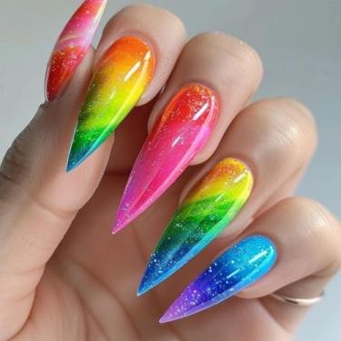 Imagem de Unhas postiças de pressão longa unhas postiças gradientes coloridas artificiais GG unhas glitter cola nas unhas ombré para mulheres, 24 peças