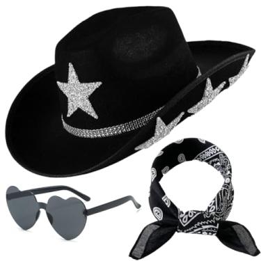 Imagem de Thyrhntr Chapéu de vaqueira para mulheres, homens, lantejoulas, strass, ocidental, adulto, chapéu de cowboy com óculos de sol bandanas (EUA, alfa, tamanho único, padrão, preto)