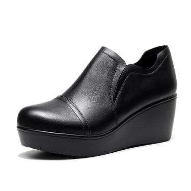 Imagem de NEJKG Botas femininas de couro com salto cunha sem cadarço confortáveis bico redondo plataforma antiderrapante botas de cano curto casual compras caminhada mocassins, Preto, 40