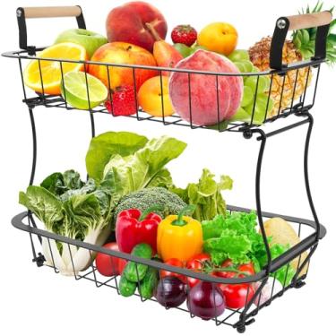 Imagem de Organizador de suporte de frutas de 2 camadas para cozinha, cesta de armazenamento de metal removível, suporte de frutas sólido, cesta de frutas e legumes de 2 camadas com alça conveniente, cesta