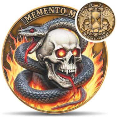 Imagem de Memento Mori & Vivere Challenge Coin,Color 1.574 Inch Dual-Sided 3D Zinc Alloy Collector Coin - Skull Hourglass/Angel Wings & Flaming Skull Serpent Design Metal Token for Adult Collections