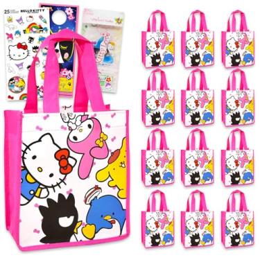Imagem de Conjunto de sacolas de lembrancinhas de festa Hello Kitty and Friends – Pacote com 12 sacolas reutilizáveis Sanrio, adesivos e mais | Artigos para festa de aniversário Hello Kitty & Friends
