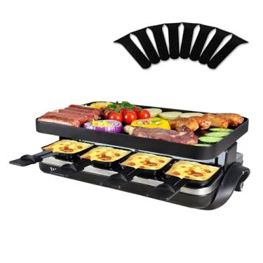 Imagem de TAMARIT Grelha clássica de raclette para 8 pessoas 1500 W com placa reversível, 8 bandejas de queijo antiaderentes e espátulas para uso interno, portátil, coreano, churrasco, churrasco, festa, preto