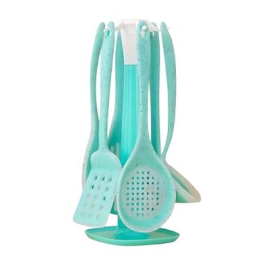 Imagem de Kit 7 Peças Utensílios de Cozinha Silicone Antiaderente Espátulas Concha Colheres Resistente ao Calor com Suporte (Verde)