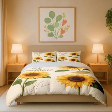 Imagem de Jogo de cama queen com girassol – Conjunto de capa de edredom "You are My Sunshine", roupa de cama de fazenda floral amarela com 2 fronhas, capa de edredom rústica estilo country (229 x 229 cm)