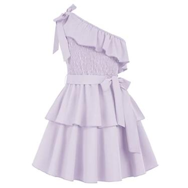 Imagem de Danna Belle Vestido feminino adolescente de um ombro único com babados camadas camadas vestido de festa de verão roupas presentes tamanho 5-14, Roxo claro, 5-6 Anos