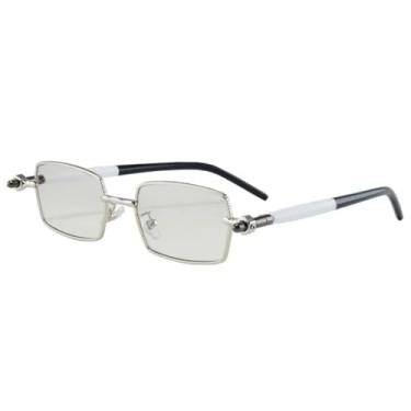Imagem de Óculos de sol retangulares pequenos da moda, femininos, luxuosos, retrô, rebites, masculinos, com lentes duplas, armação transparente UV400 (prata, cinza claro)