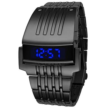 Imagem de Gosasa Relógio masculino eletrônico moderno com visor de LED azul e pulseira de aço inoxidável para homens à prova d'água relógio de pulso masculino de luxo, Preto, Negócios