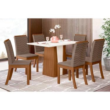 Imagem de Conjunto: Mesa de Cozinha Orus Tampo Madeirado 120x80cm e 6 Cadeiras Isa Nature/Off White - Suede Marrom - Henn
