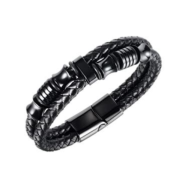 Imagem de Rockyu Pulseira masculina de aço inoxidável, couro legítimo, anel redondo preto, camada dupla, trançado, pulseira dupla, couro legítimo, acessórios legais de couro