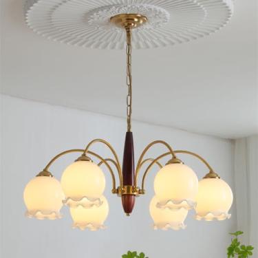 Imagem de Lustre de vidro leitoso com 6 luzes, lustre de madeira moderno de meados do século, luminária pendente vintage rústica de teto para cozinha, quarto de fazenda, sala de estar, sala de jantar,