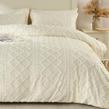 Imagem de VACVELT 5 peças de capa de edredom boho, tamanho casal, capa de edredom tufada em creme com zíper e 8 laços, sem edredom, roupa de cama texturizada chique para fazenda, microfibra respirável e macia