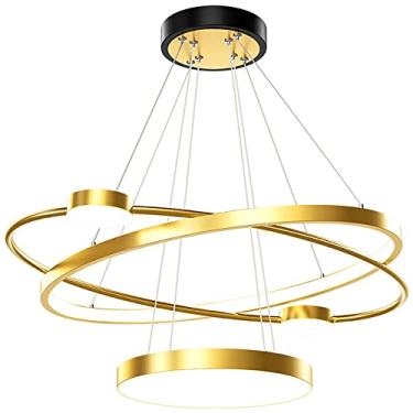 Imagem de Luminária Retro, Luminária Pendente LED Moderna, Coleção 3 Anéis, Tinta Preta, Lustre Pendente Ajustável, Luminária de Teto Contemporânea, Regulável 2700K 6500K, com Controle Remoto