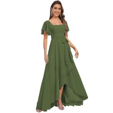 Imagem de Vestido de dama de honra Monvelli Verde Oliva Chiffon Assimétrico