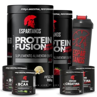 Imagem de Kit 2x Whey Protein Fusion Baunilha e Morango 900g + 2x BCAA em Pó Limão 100g + 2x Creatina 100g + Coqueteleira - Espartanos