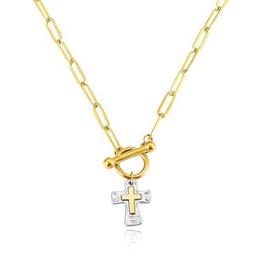 Imagem de Zurlcdye Colar feminino com cruz de ouro grosso, pingente de cruz dupla, colar de corrente com clipe de papel, delicado, não mancha, para a fé, joias religiosas, cristãs, presentes, Sem Pedra Preciosa