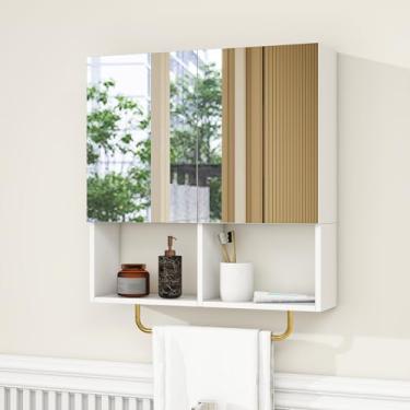 Imagem de Edospaen Armário de armazenamento montado na parede com espelho e prateleiras ajustáveis - Armário de remédios para banheiro com barra de toalha para banheiro, lavanderia, entrada, quarto