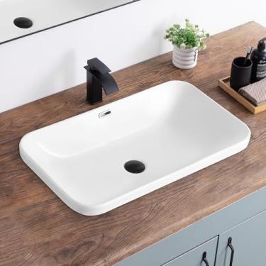 Imagem de KDKSC Pia de vaso de banheiro 69,3 cm x 39,4 cm Pia de banheiro semi embutida retangular para pia de banheiro com vazamento, pia de vaso de cerâmica branca para banheiro moderna acima do balcão pia