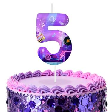 Imagem de Velas de aniversário número 5 roxas escuras, topos de bolo com tema de desenho animado para decoração de bolo para meninos e meninas, decorações de aniversário, suprimentos de festa, velas numéricas