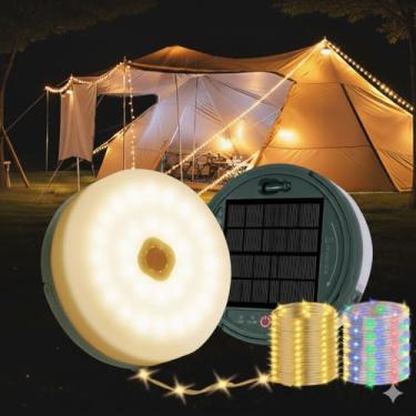 Imagem de Cordão de luzes solares de acampamento ao ar livre: luz LED recarregável à prova d'água para pátio externo - decorações de iluminação de fadas portáteis de 10 metros para quintal, barraca, acampamento